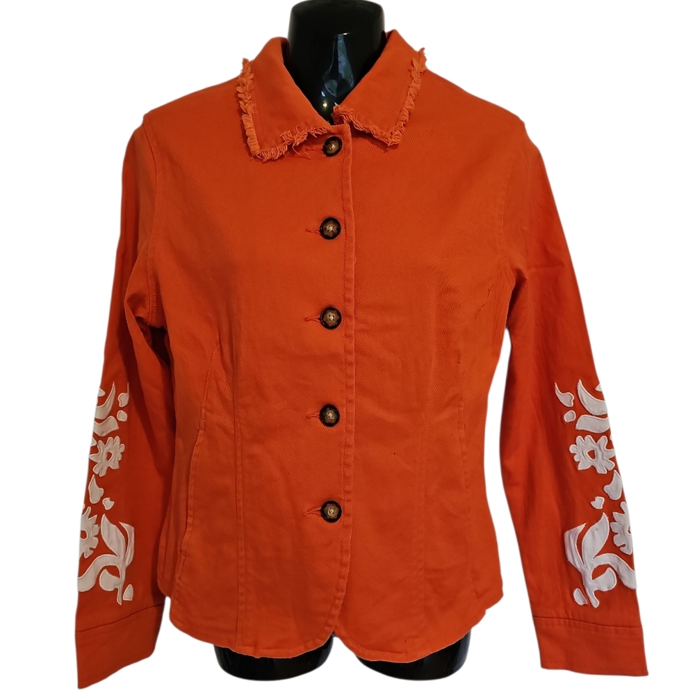 Tabi Vibrant Orange Stretch Jacket w White Floral Sleeve Accents Ladies S Small